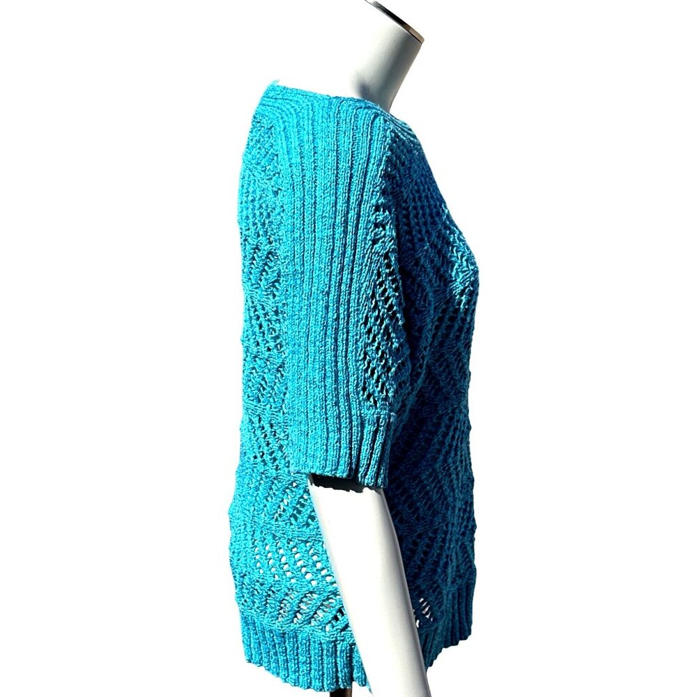 Chicos Halo Open Knit Riviera Pullover Aqua Blue Short Sleeve Sweater Top Size 0 - Picture 4 of 9